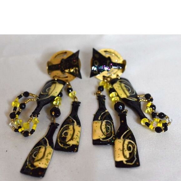 Putting On The Ritz Vintage Champagne Bottles/Glasses 4.5" Post Diva Earrings - Picture 1 of 4